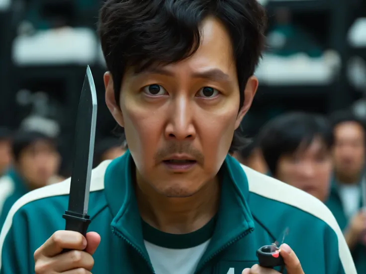 Ultra-realistic front view close-up of San Gi Hun from Squid Game, wearing green tracksuit with visible ‘456’ badge on chest, cinematic color grading, scared and anxious expression, holding a knife firmly in both hands (replacing the ball), bright lighting...