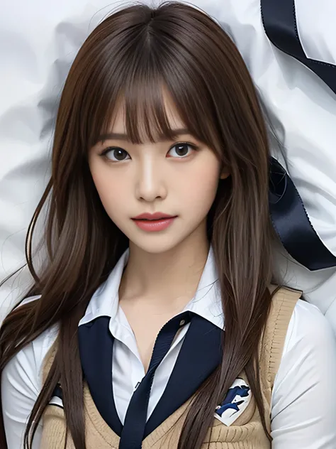 Cute Japanese high school student lying in bed, model-like appearance, whole body, (wearing a School Uniform with navy blue ribbon:1.3), (uneven bangs with brown ashhair:1.3), Attractive smile, lying on back, from above, (elegant posture, soft and feminine...