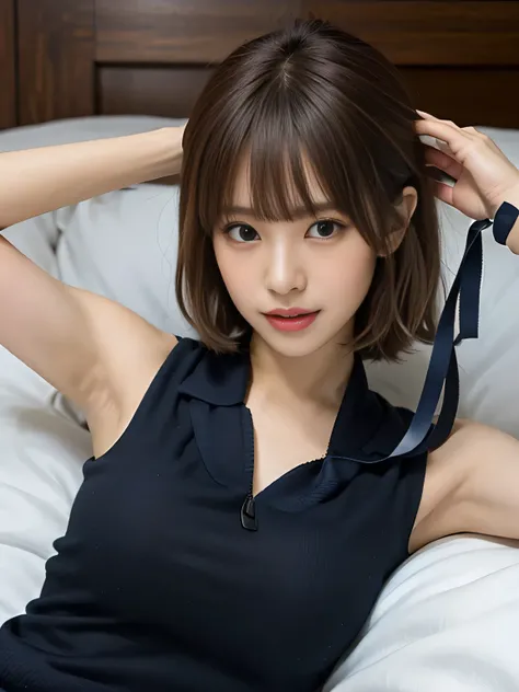 Cute Japanese high school student lying in bed, model-like appearance, whole body, (wearing a School Uniform with navy blue ribbon:1.3), (uneven bangs with brown ashhair:1.3), Attractive smile, lying on back, from above, (elegant posture, soft and feminine...