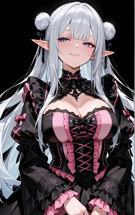 chubby mature woman, elf ears, blue irises, blue eyes, half-lidded almond-shaped eyes, medium breasts, pink and black japanese gothic dress with lace and frills, black silk bolero with flowing kimono sleeves and high neckline, double buns with straight ban...