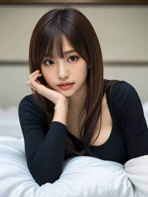 Cute Japanese high school student lying in bed, model-like appearance, full body, gyaru style, wearing a School Uniform with navy blue ribbon, (uneven bangs with brown ashhair:1.3), Attractive smile, lying on back, from above, (elegant posture, soft and fe...