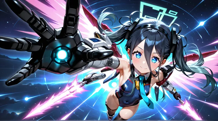 (from above),glowing hand,outstretched hand,ultra rise,tokusatsu,foreshortening,masterpiece,best quality,newest,highres,absurdres,very awa,shiny skin,anime,science fiction,1girl,solo,long hair,breasts,looking at viewer,smile,bangs,blue eyes,black hair,thig...