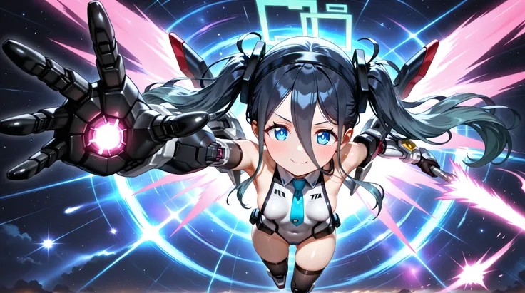 (from above),glowing hand,outstretched hand,ultra rise,tokusatsu,foreshortening,masterpiece,best quality,newest,highres,absurdres,very awa,shiny skin,anime,science fiction,1girl,solo,long hair,breasts,looking at viewer,smile,bangs,blue eyes,black hair,thig...