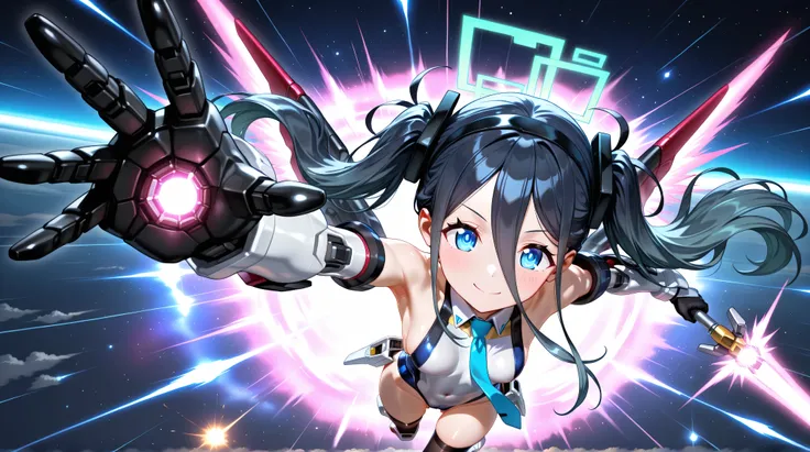 (from above),glowing hand,outstretched hand,ultra rise,tokusatsu,foreshortening,masterpiece,best quality,newest,highres,absurdres,very awa,shiny skin,anime,science fiction,1girl,solo,long hair,breasts,looking at viewer,smile,bangs,blue eyes,black hair,thig...