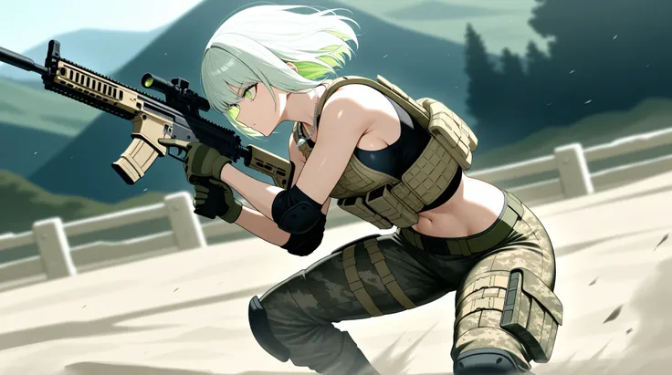 masterpiece, high score, great score, absurdres, medium full shot, side view, beautiful age girl, short white bob hair, sharp mint green eyes, shiny skin smooth, (slim waist), (wide hips), (slightly busty), (curvy body shape), sleeveless military shirt, (j...