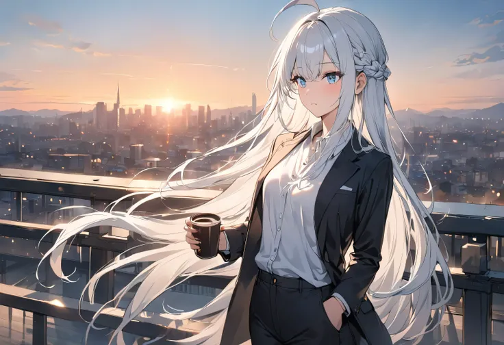 Resolution full, very accurate, best quality, masterpiece, cinematic lighting, full HD, very sharpener, best art, very accurate, city background, 1girl, solo, cute girl, beautiful and cute girl, white hair, long hair, braid hair, bangs hair, ahoge hair, st...