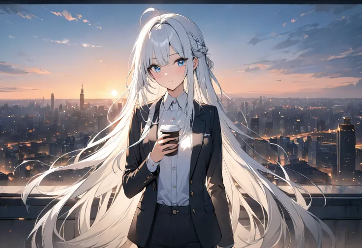 Resolution full, very accurate, best quality, masterpiece, cinematic lighting, full HD, very sharpener, best art, very accurate, city background, 1girl, solo, cute girl, beautiful and cute girl, white hair, long hair, braid hair, bangs hair, ahoge hair, st...
