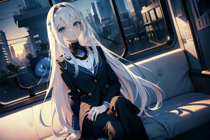 (masterpiece), (best quality), ultra detailed, finely detailed color, cenematic painting, sitting, ((subway car)), anime lady, ((one lady)), 20-year-old lady, cute face, white hair, absurdly long hair, straight hair, ((deep blue eyes:1.5)),((business suit)...