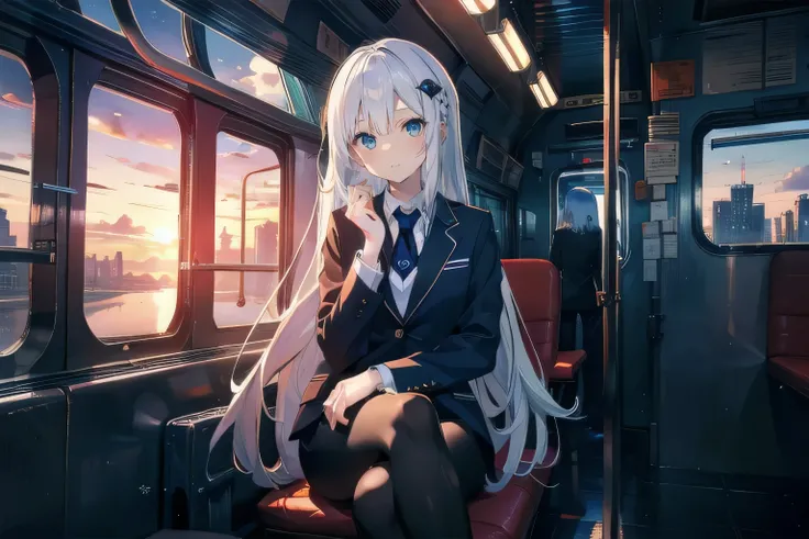 (masterpiece), (best quality), ultra detailed, finely detailed color, cenematic painting, sitting, subway car, anime lady, ((one lady)), 20-year-old lady, cute face, white hair, absurdly long hair, straight hair, ((deep blue eyes:1.5)),((business suit)), b...