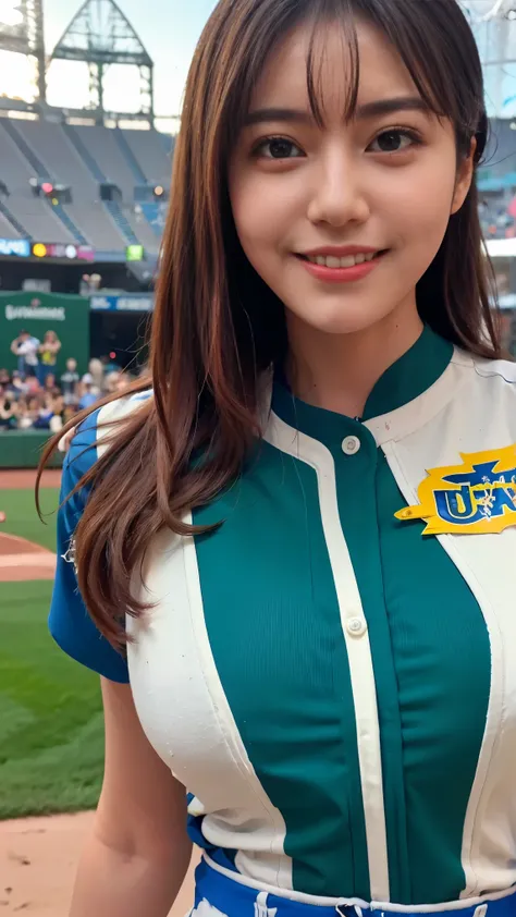 masterpiece, Highest Quality, Super Detail), Portrait of an 18 year old woman、Her hair is light brown., green round eyes, erotic, , water, 、 ( baseball field , baseball uniform, Flashy uniforms, First Ball , , )   - Auto Ultra Real , big, firm, swaying bus...
