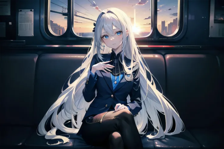 (masterpiece), (best quality), ultra detailed, finely detailed color, cenematic painting, sitting, subway car, anime lady, ((one lady)), 20-year-old lady, cute face, white hair, absurdly long hair, straight hair, ((deep blue eyes:1.5)),((business suit)), b...