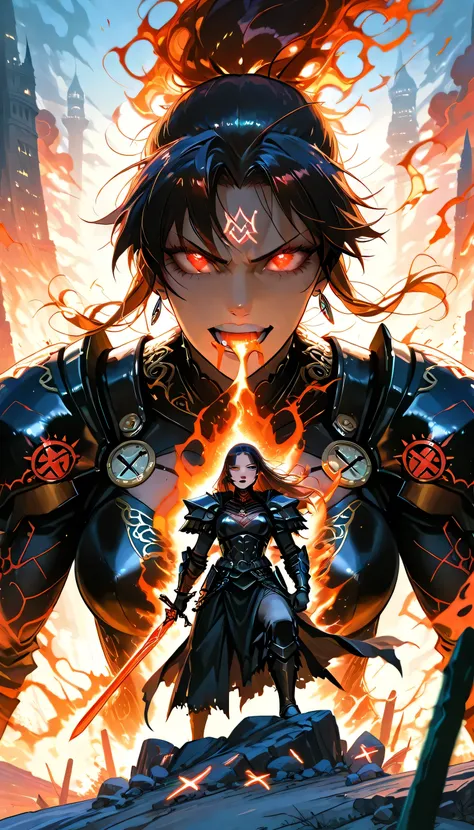 A dark and epic fantasy landscape at dusk, with fiery red and violet storm clouds swirling in the sky. In the foreground, a powerful female warrior with long dark hair and glowing eyes stands confidently on a cliff, her voice visually represented as flames...