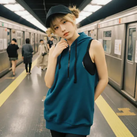 19 year old Japanese woman,The hair is blonde and is gathered in 2 buns on the side of the head,the side tails from the bun hair flow gently over the face on both sides,green eyes,sleeveless hoodie dress with a zip,Arms and shoulders are fully exposed,The ...