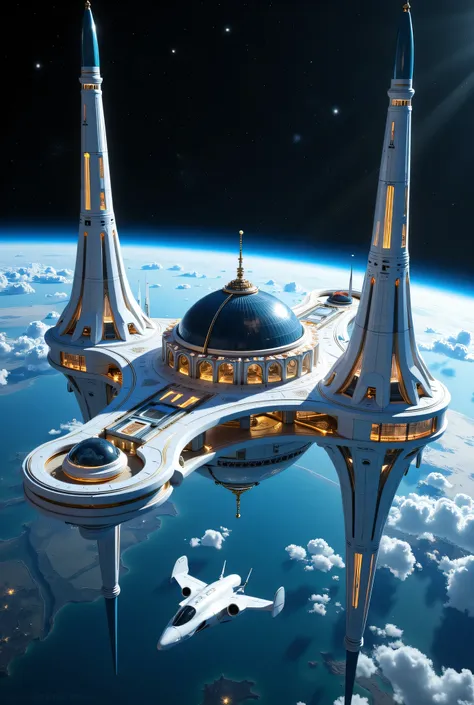  "Al-Noor: Space Station Bringing the City and With domes and minarets inspired by mosque architecture and equipped with large and long antenna antennas along with Ai technology and visible earth from the outside which is blue and specks of stars in the da...