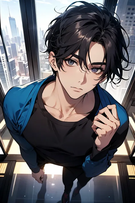 Japanese male handsome very short black hair tight long sleeves Light Colored Tight Long Pants I can see the blue sky large room with glass floors and ceilings private gym Composition with a very big face From the shoulders up and look at the camer...
