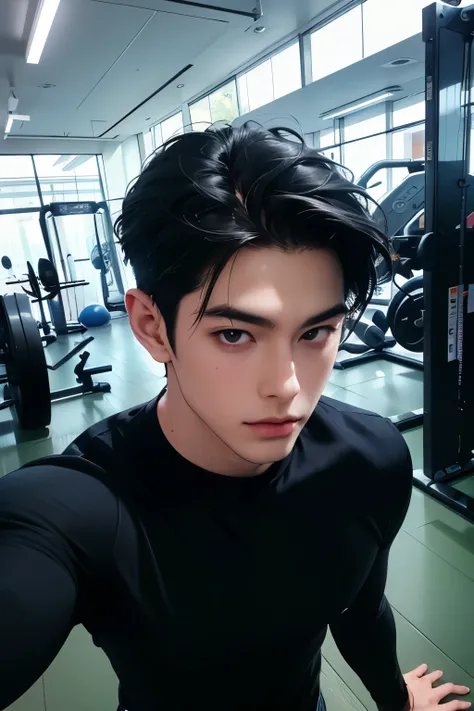Japanese male handsome very short black hair tight long sleeves Light Colored Tight Long Pants I can see the blue sky large room with glass floors and ceilings private gym Composition with a very big face From the shoulders up and look at the camer...