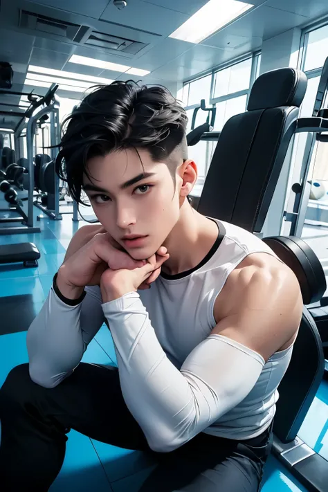 Japanese male handsome very short black hair tight long sleeves Light Colored Tight Long Pants I can see the blue sky large room with glass floors and ceilings private gym Composition with a very big face From the shoulders up and look at the camer...