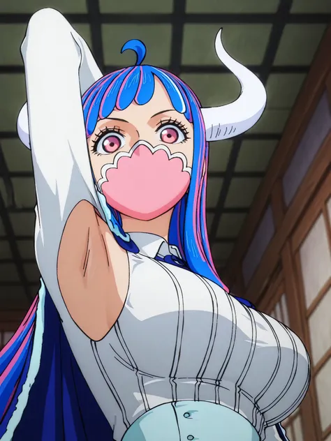 masterpiece, best quality, amazing quality, anime screencap, anime coloring, 1girl, solo, Ulti (character), curled horns, long hair, ahoge, pink hair, blue hair, multicolored hair, pink eyes, mouth mask, mask, blue cape, white shirt, long sleeves, armpit c...