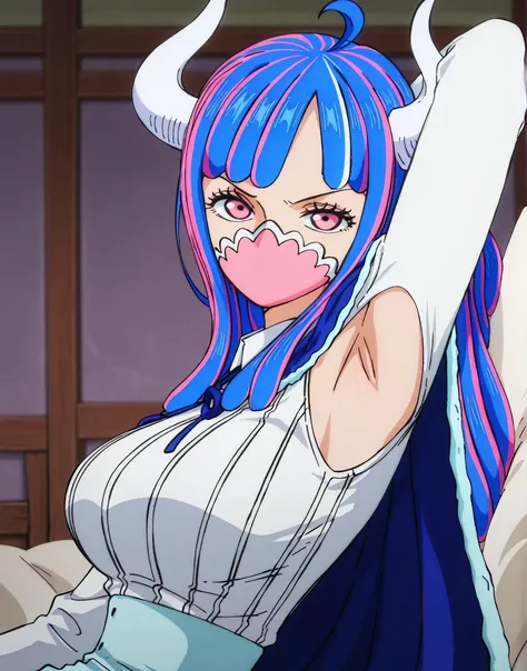 masterpiece, best quality, amazing quality, anime screencap, anime coloring, 1girl, solo, Ulti (character), curled horns, long hair, ahoge, pink hair, blue hair, multicolored hair, pink eyes, mouth mask, mask, blue cape, white shirt, long sleeves, armpit c...