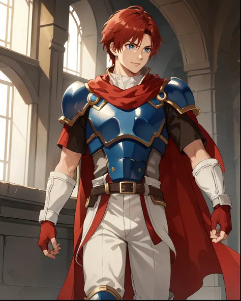 Ferroy, brown short straight hair, detailed armor with cream and gold accents, Cape, blue eyes, armor, blue tunic, belt, red scarf draped around neck, Fingerless gloves, White pants, boots, Watching the audience, alone, concentrated, Ramparts, Dramatic lig...