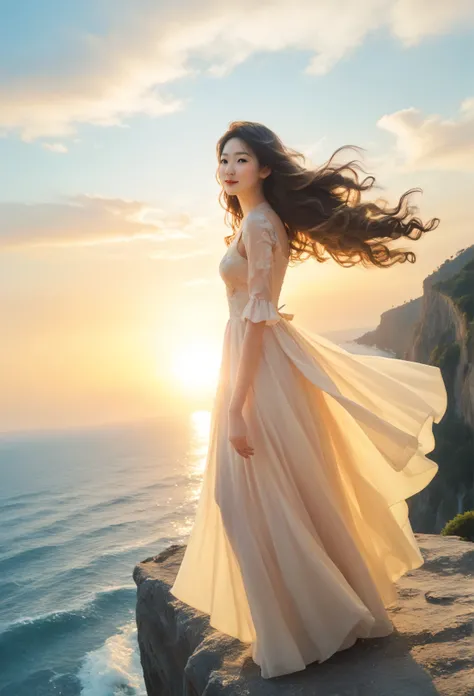 Breathtaking portrait, young Asian woman with long flowing hair (hair in the wind), standing on a cliff edge overlooking a vast ocean at golden hour sunset. Warm sunlight illuminates her joyful, windswept face. Her simple, flowing dress billows in the bree...
