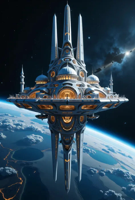  "Al-Noor: The space station that carries the city and With domes and minarets inspired by the architecture of mosques and equipped with a large and long antenna antenna with Ai technology and visible from the outside the earth is blue and specks of stars ...