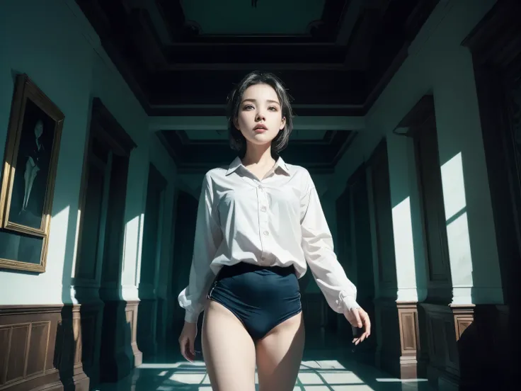 (masterpiece, highest quality),  (night's ghost mansion), One Girl, young , Black gymnastics bloomers, High leg、white blouse, walking in night ghost house、Anxious expression, Emotional, Wide-angle, dark, Best Shadow, watercolor,ghost、devil、Death Strikes、Fa...