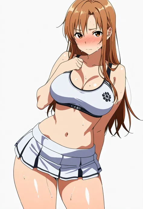 score_6_up, best quality, anime screencap, 1girl, asuna yuuki, long hair, brown hair, brown eyes, looking at viewer, embarrassing, nice legs, thick thigh, thick thighs, nose blush, sweat, sweaty, sweaty:1.3, nose blush, shiny body, shiny hair, clear body, ...