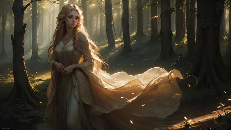 A confident, mature woman in boho style, wearing flowing, layered garments with lace and embroidery, standing in an enchanted forest bathed in golden-hour light, long wavy hair cascading down her back, glowing cinnamon-toned skin, floral accessories woven ...