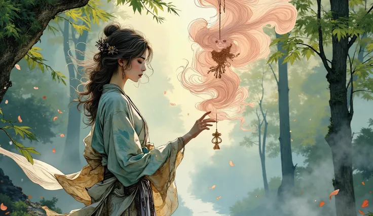 Ethereal female forest spirit made of translucent smoke, delicately touching a hanging Japanese furin wind chime, enchanted forest setting, dappled sunlight filtering through trees, floating pollen particles, gentle breeze, mystical atmosphere, soft diffus...