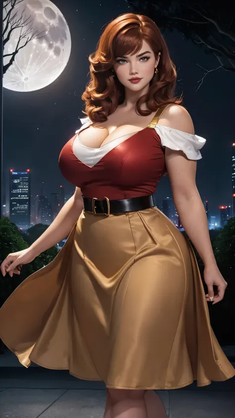 donnatroy, DisneyAurora, Beautiful woman (((Kate Upton:Dianna Agron:0.9))) 27 years old, (((shoulder length wavy red red brown hair, hair pulled back with bangs))) sexy, voluptuous, cherry Red lipstick, violet eyeshadow, hands free, standing, leaning back ...