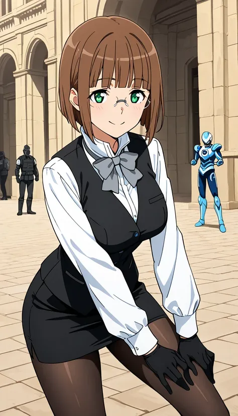 score_9, score_8_up, score_7_up, source_anime top quality、8k、masterpiece、natural light、high accuracy、Completed、One woman、medium breasts、saggy breasts, short hair, brown hair, blunt bangs, green eyes, rimless eyewear,( Happy Expression 、The highlight in my ...