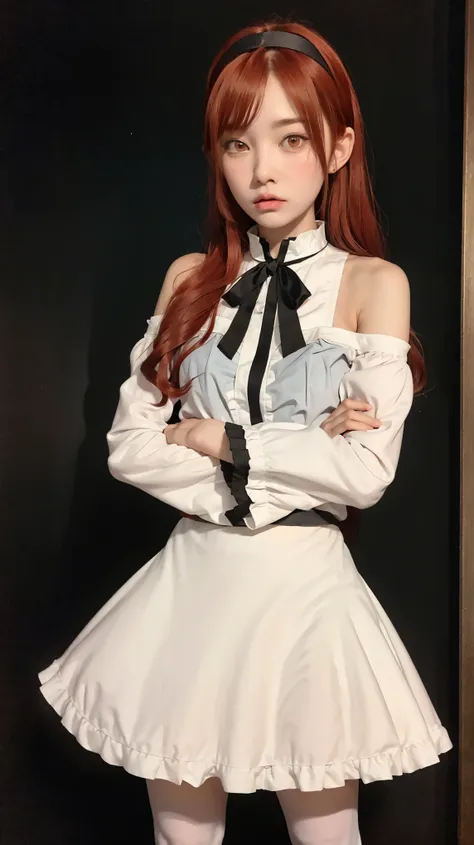 realistic, best quality, masterpiece, (detailed), realistic, photo realistic, close-up, erisc, 1 girl, 18 years old, red hair, long hair, headband, ahoge, red eyes, white shirt, bare shoulders, long sleeves, black skirt, ruffled skirt, white tights, arms c...