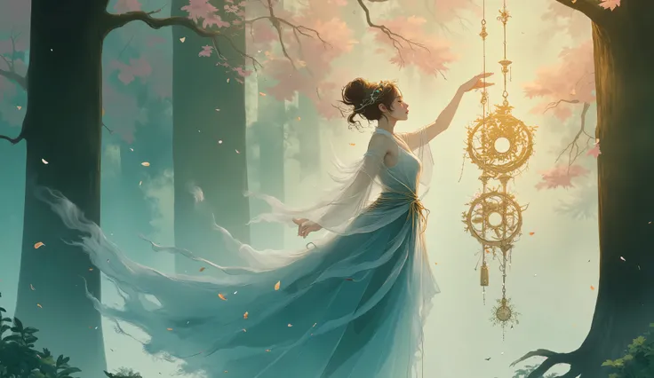 Ethereal female forest spirit made of translucent smoke, delicately touching a hanging Japanese furin wind chime, enchanted forest setting, dappled sunlight filtering through trees, floating pollen particles, gentle breeze, mystical atmosphere, soft diffus...