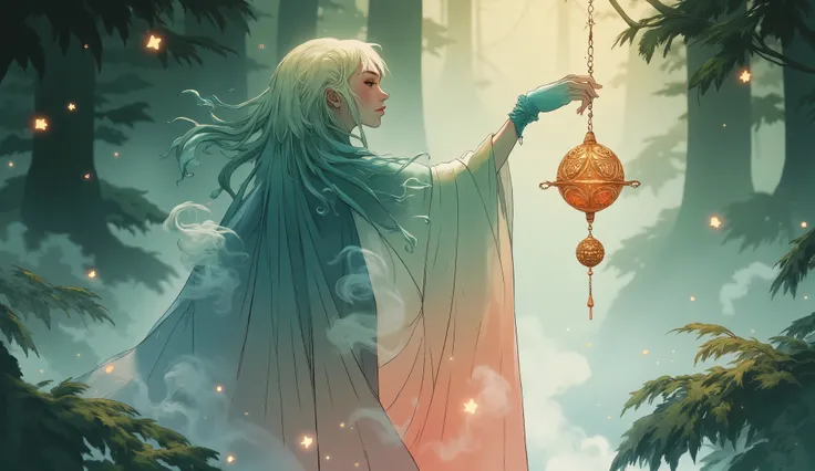 Ethereal female forest spirit made of translucent smoke, delicately touching a hanging Japanese furin wind chime, enchanted forest setting, dappled sunlight filtering through trees, floating pollen particles, gentle breeze, mystical atmosphere, soft diffus...