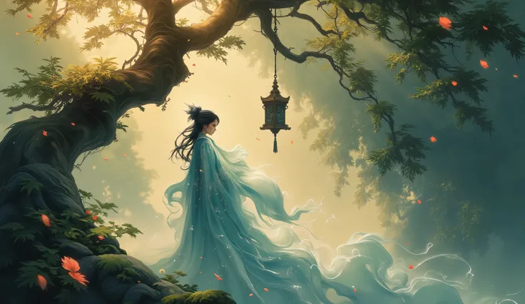 Portrait of luminous female forest guardian composed of swirling translucent smoke tendrils, delicately interacting with ornate Japanese furin wind chime hanging from ancient maple branch, mystical Shinto forest clearing, magical golden hour atmosphere, da...