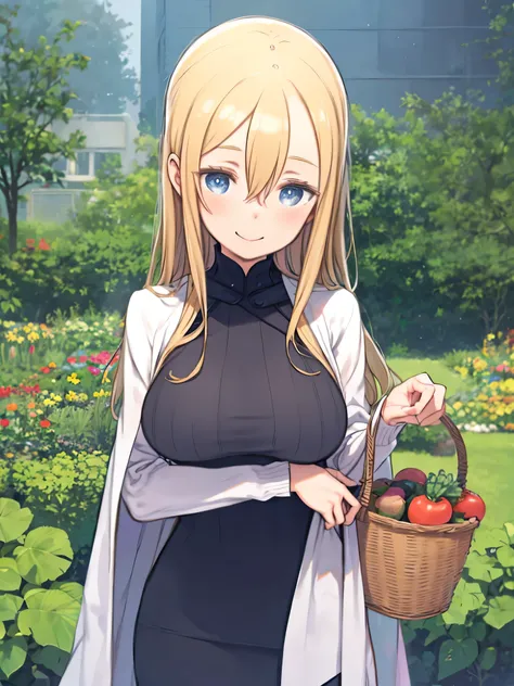 A woman with a basket filled with vegetables is standing smiling、blond hair、hair between eyes、long hair、blue eyes、Big Breasts、turtleneck sweater、cape、pencil skirt、Vegetable garden 、Vegetable garden、