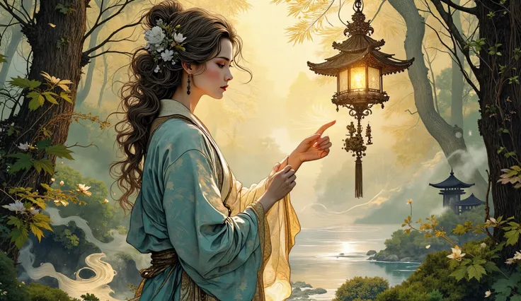 Ethereal forest spirit maiden formed from luminescent translucent smoke wisps, reverently touching decorative Japanese furin wind chime with delicate glowing fingers, enchanted ancient forest sanctuary, magical golden hour ambiance, sunlight filtering thro...