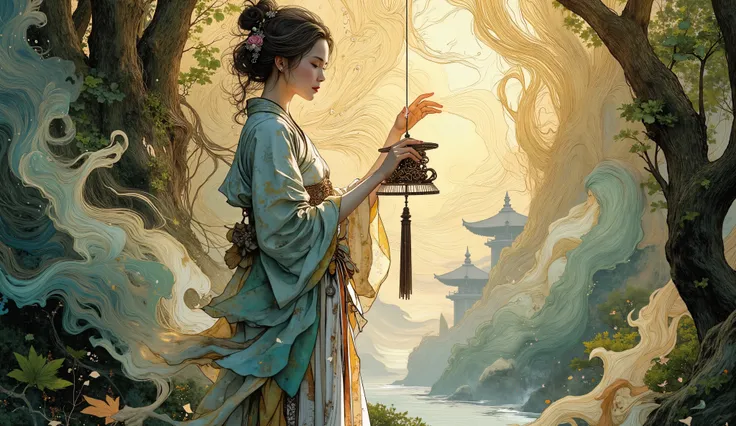 Ethereal forest spirit maiden formed from luminescent translucent smoke wisps, reverently touching decorative Japanese furin wind chime with delicate glowing fingers, enchanted ancient forest sanctuary, magical golden hour ambiance, sunlight filtering thro...