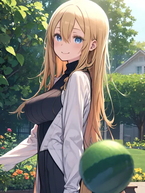 A woman holding a zucchini is standing with a smile、slightly from the side、upper body、blond hair、hair between eyes、long hair、blue eyes、Big Breasts、green turtleneck sweater、Vegetable garden 、Vegetable garden、red face、