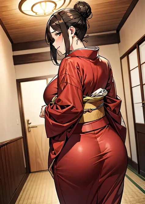 masterpiece,   Highest Quality,   standing、    (Rear View)、   legs  、   one mature woman、old woman、calm adult woman ,  ( red kimono)、 pull your chest forward、in kimono、  、 alone,     serious face  、mouth、  plump body、Put your hair together with a hairbrush...