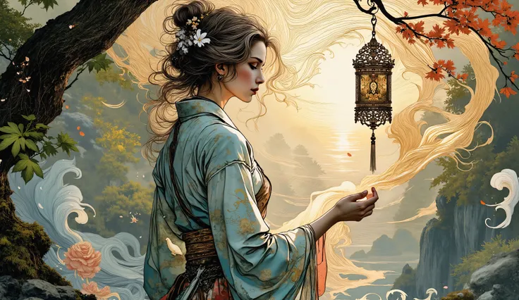 Portrait of luminous female forest guardian composed of swirling translucent smoke tendrils, delicately interacting with ornate Japanese furin wind chime hanging from ancient maple branch, mystical Shinto forest clearing, magical golden hour atmosphere, da...