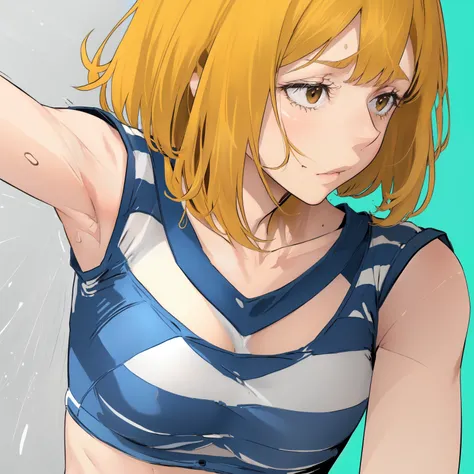  pr0n, 1 girl,  striped sleeveless shirt, clavicle,  Crop top, standing, has short blond hair, dull bangs, sweat, running, Outdoors、Famous Paintings、Optimal Quality、female、Very depressed、look up、Profile、upper body、