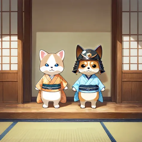A soft anime style scene showing an anthropomorphic Ragdoll cat and an anthropomorphic Shiba Inu standing side by side in a traditional Japanese room with a tokonoma alcove. Behind them is an impressive kabuto (samurai helmet) display. The Ragdoll cat has ...