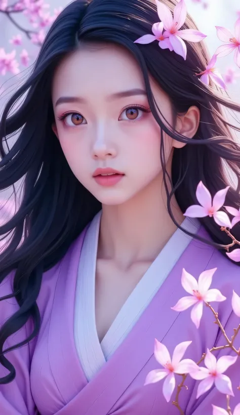 realな藤の花の木の下で藤の花を眺めているアニメの竈門禰豆子、Super Detail、complicated、bright color、movie-like lighting、masterpiece、high resolution、bright color、photorealistic、Wrapped in purple petals、delicate expression、Surrounded by Natural Light、 beautiful landscape painting 、Highes...