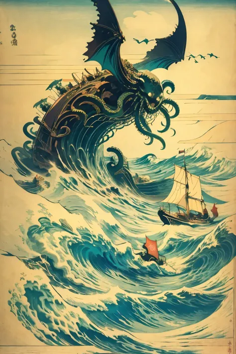 A sailing ship that encountered a monster called Cthulhu at sea , The composition is a sailing ship at the bottom of the screen and a monster at the top of the screen ,The monster is trying to capture the sailing ship , This monster has a head like an octo...