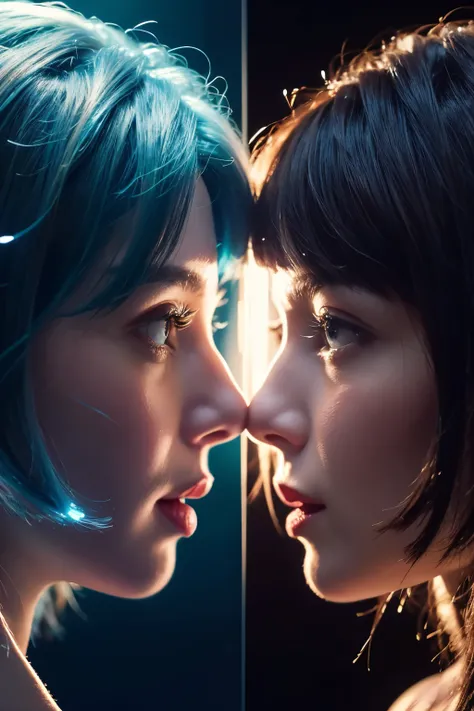 A split composition showing a human woman in soft lighting, sitting in a spaceship looking at a digital screen. Reflected in the screen is her AI twin, glowing with ethereal blue and violet tones, futuristic face, soft smile that twin sister looking at eac...