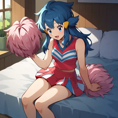 score_9, score_8_up, score_7_up, 1girl, couple, aadawn, long hair, blue hair, hair ornament, blue eyes, breasts, cheerleader, sleeveless shirt, red shirt, pom pom (cheerleading), multicolored skirt, red skirt, in house, on bed, sitting next to each other, ...
