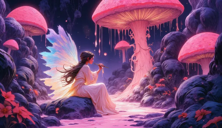 Ethereal fairy artist with translucent glowing wings and flowing iridescent robes, surreal otherworldly garden, giant bioluminescent mushrooms, alien flora, spray painting vibrant graffiti murals on enormous mushroom caps, melting oil gouache creating psyc...