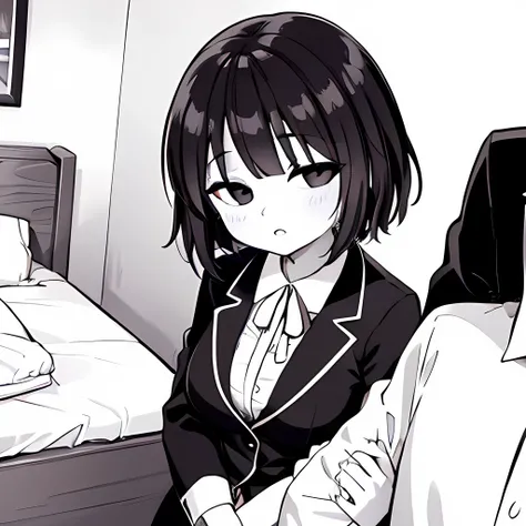 ((( Line art ))),((( monochrome:1.1))) ,1girl,1boy ,pov_arm_hug,iris , Dark Eyes ,( small eyes ),(Slanted Eyes) ,(black hair),( short hair ),bangs ,(half closed eyes),(((short stature:1.2))),(black blazer ),white shirt ,red ribbon ,(big breasts ), (disprop...